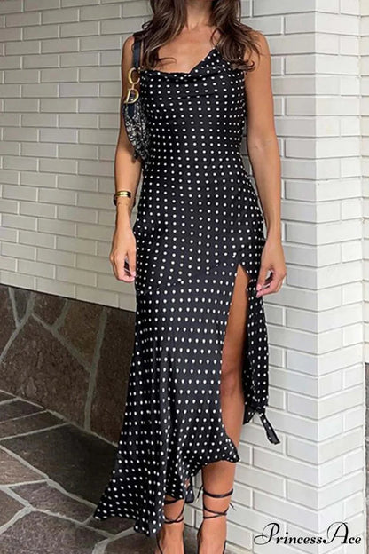 Cowl Neck Slit Dress With Polka Dots