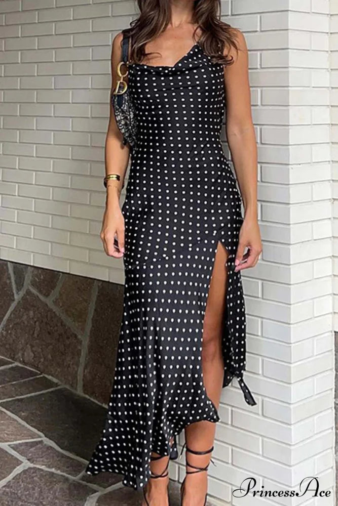 Cowl Neck Slit Dress With Polka Dots