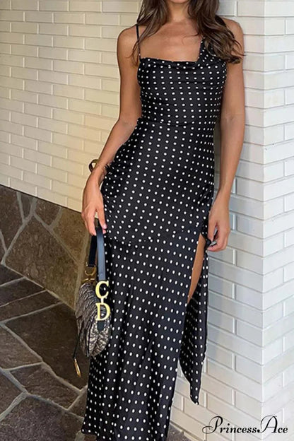 Cowl Neck Slit Dress With Polka Dots