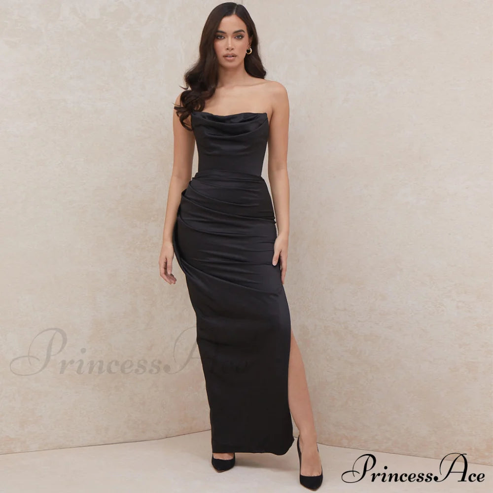 Cowl Neck Split Satin Maxi Dress