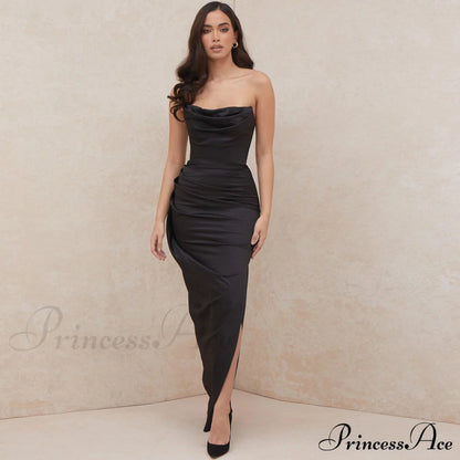 Cowl Neck Split Satin Maxi Dress