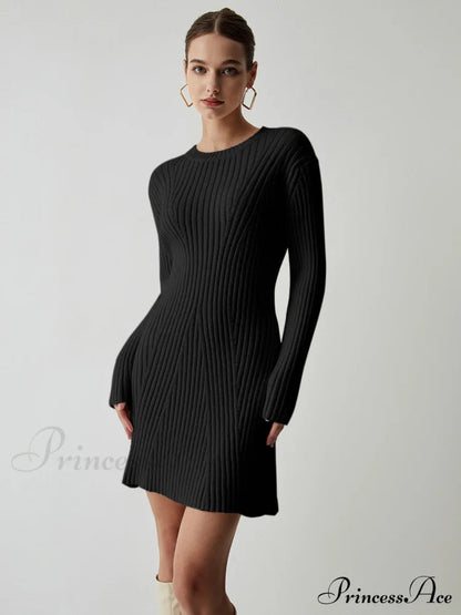 Cream Rib Long Sleeve Short Sweater Dress