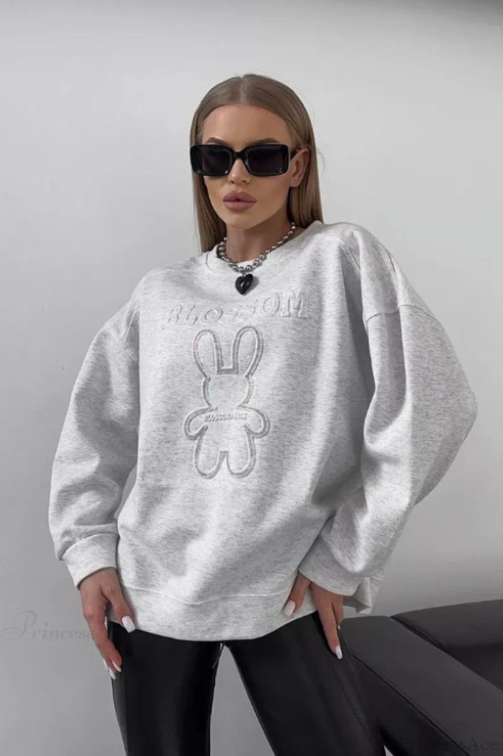 Crew Neck Oversized Embossed Rabbit Sweatshirt