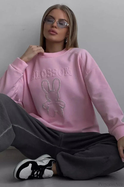 Crew Neck Oversized Embossed Rabbit Sweatshirt