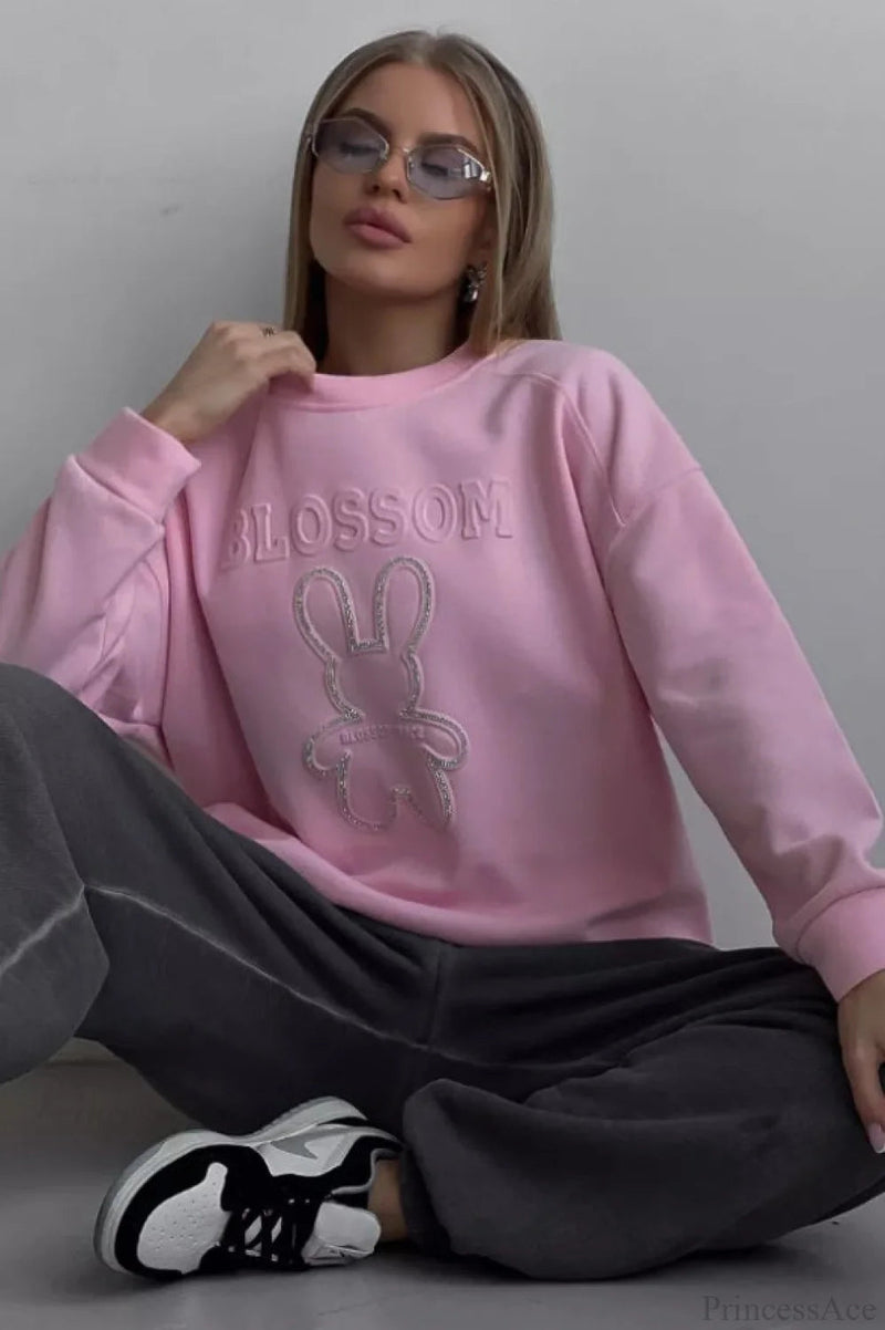 Crew Neck Oversized Embossed Rabbit Sweatshirt