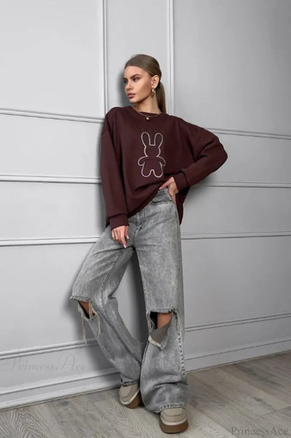 Crew Neck Oversized Embossed Rabbit Sweatshirt