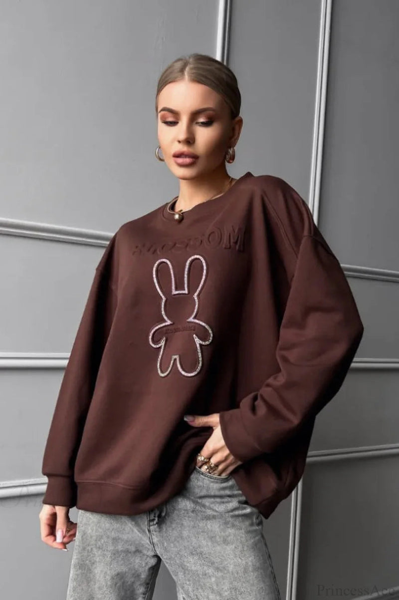 Crew Neck Oversized Embossed Rabbit Sweatshirt