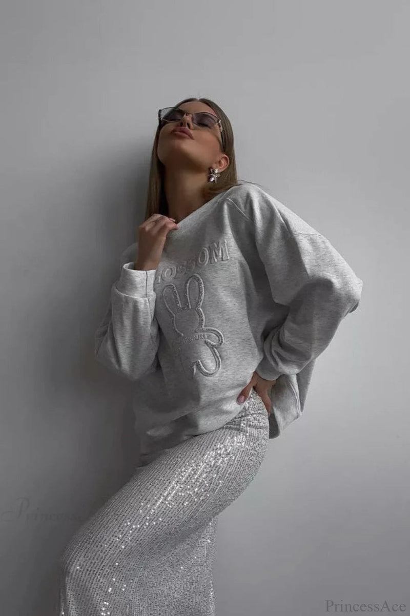 Crew Neck Oversized Embossed Rabbit Sweatshirt