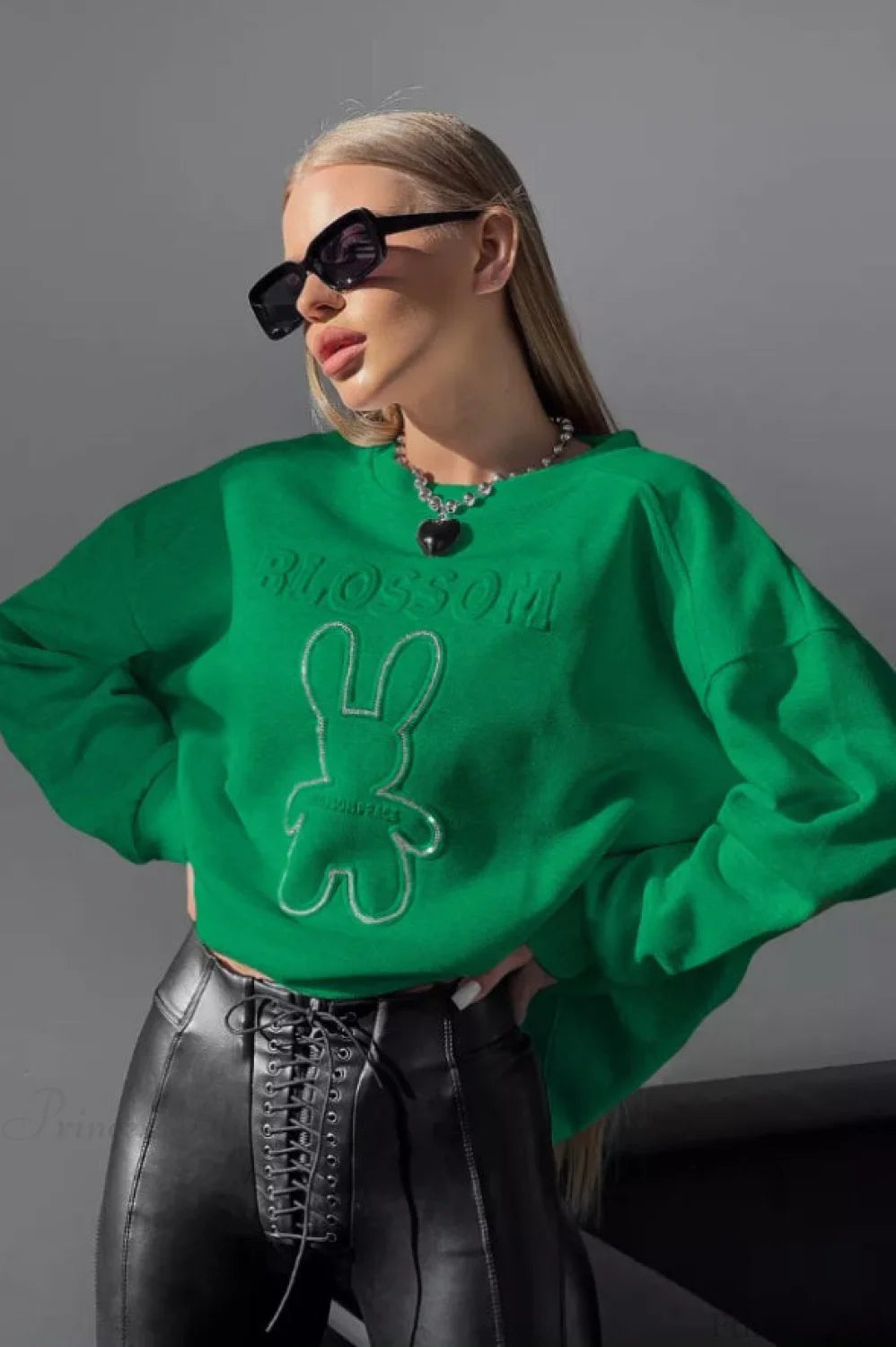 Crew Neck Oversized Embossed Rabbit Sweatshirt