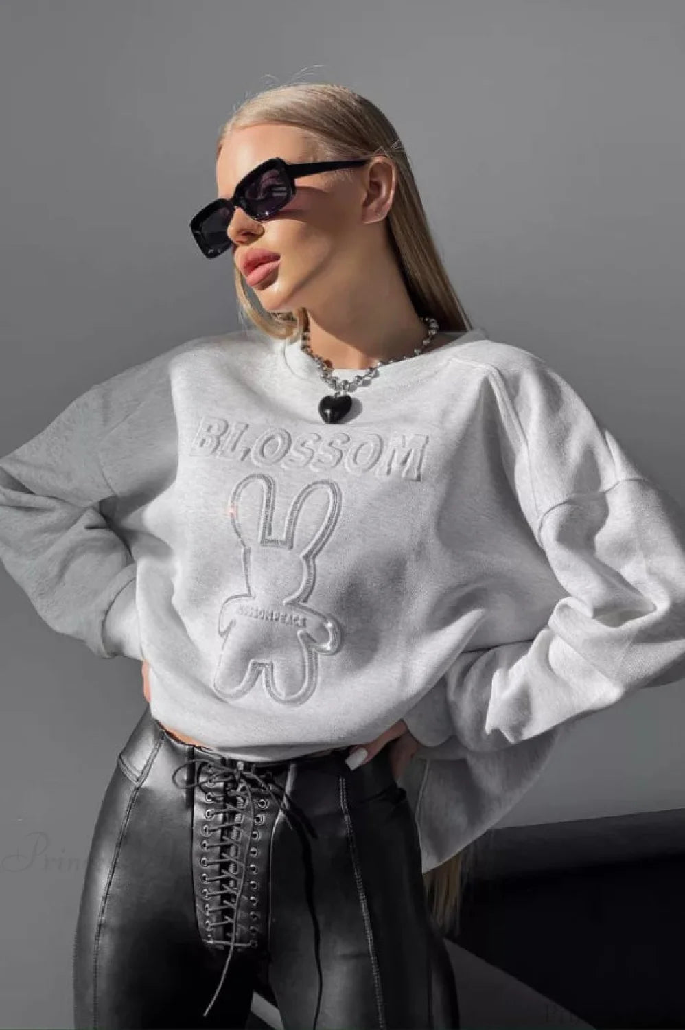 Crew Neck Oversized Embossed Rabbit Sweatshirt