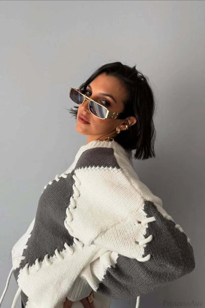 Crew Neck Long Sleeve Contrast Argyle Drawcord Sweater