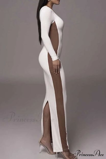 Crew Neck Long Sleeve Slit Midi Dress