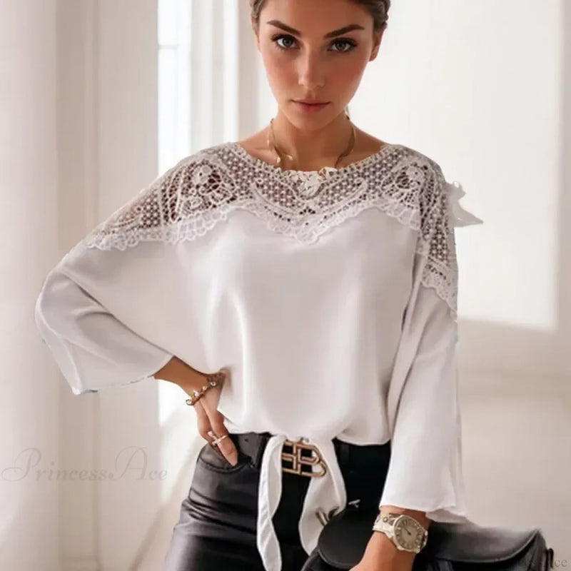 Crochet Embroidery Lace White Shirt Blouse