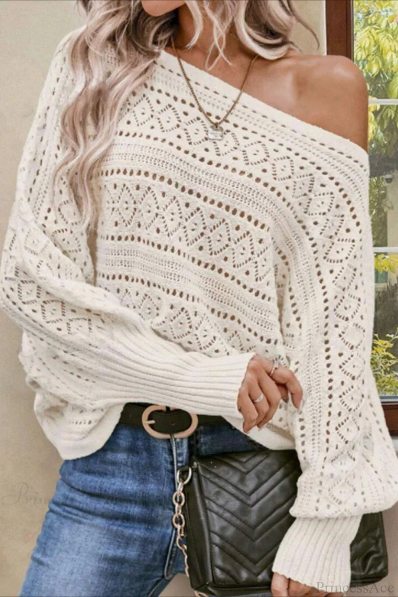 Crochet Openwork Batwing Off-the-shoulder Pullover Blouse