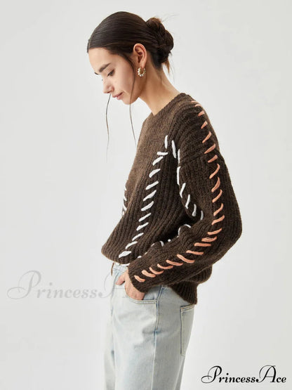 Crocheted Contrast Trim Ribbed Knit Sweater