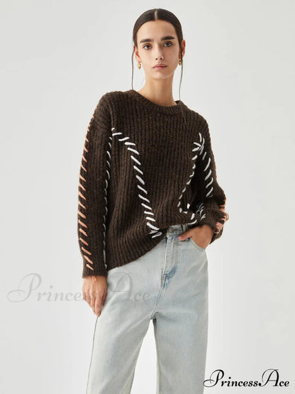 Crocheted Contrast Trim Ribbed Knit Sweater
