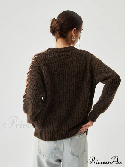 Crocheted Contrast Trim Ribbed Knit Sweater