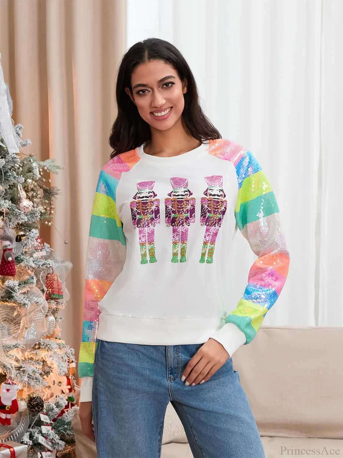 Autumn Patchwork Long Sleeve Sequined Christmas Sweater
