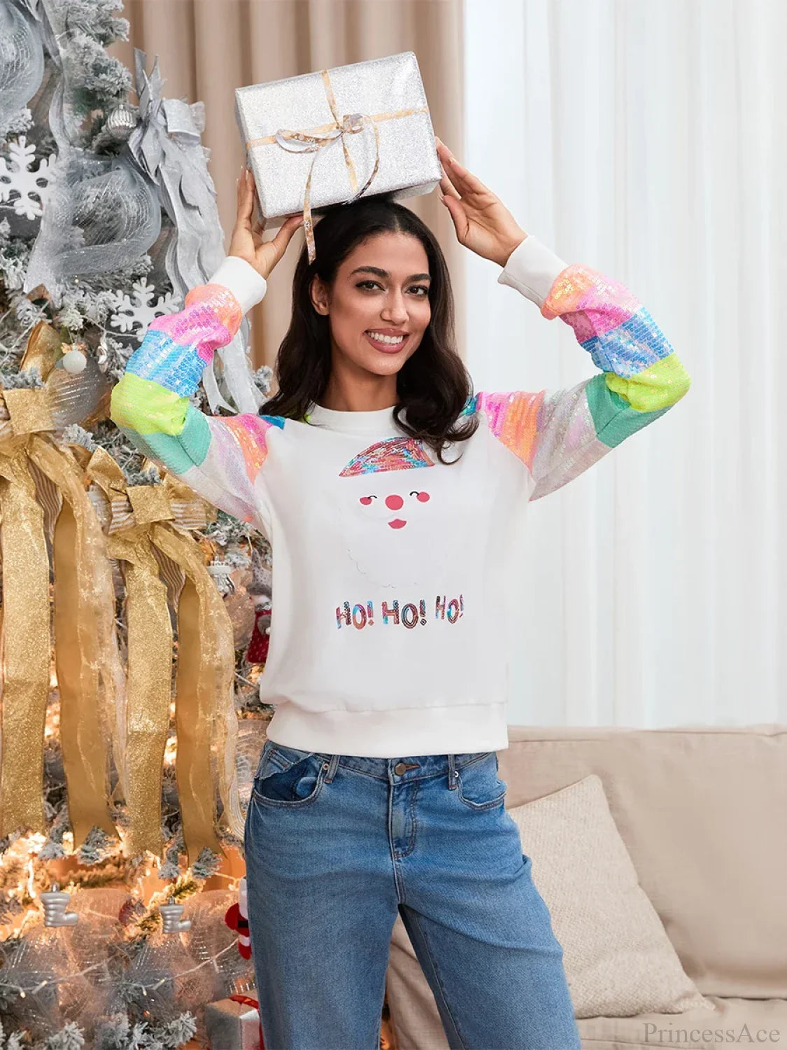 Autumn Patchwork Long Sleeve Sequined Christmas Sweater