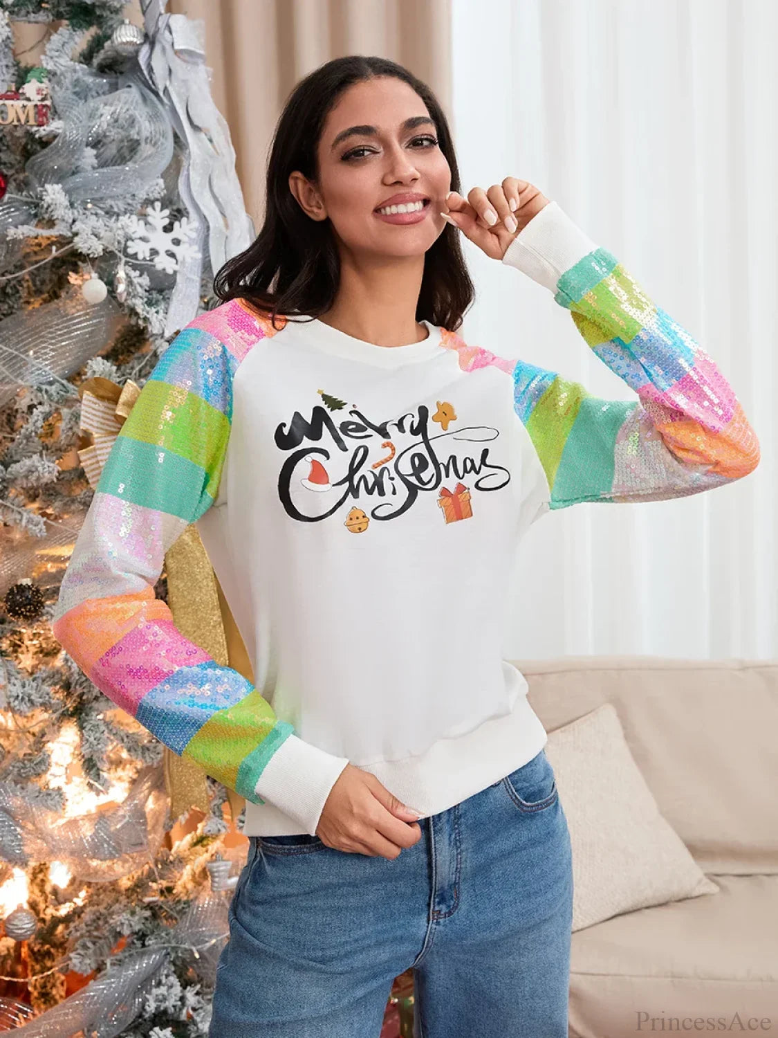 Autumn Patchwork Long Sleeve Sequined Christmas Sweater