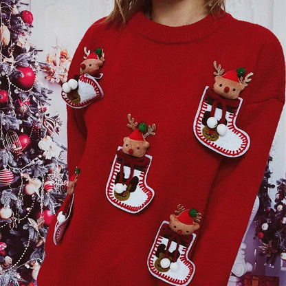 Elk 3d Decoration Round Neck Long Sleeve Knit Pullover Christmas Sweater