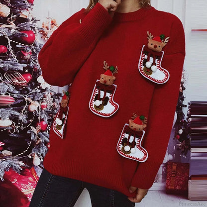 Elk 3d Decoration Round Neck Long Sleeve Knit Pullover Christmas Sweater