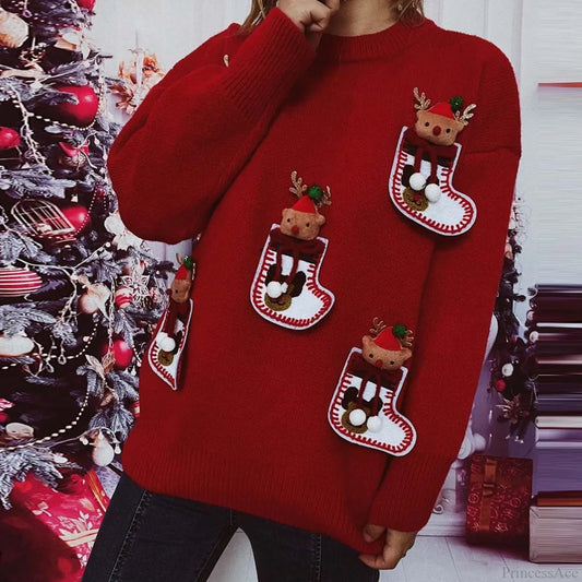 Elk 3d Decoration Round Neck Long Sleeve Knit Pullover Christmas Sweater