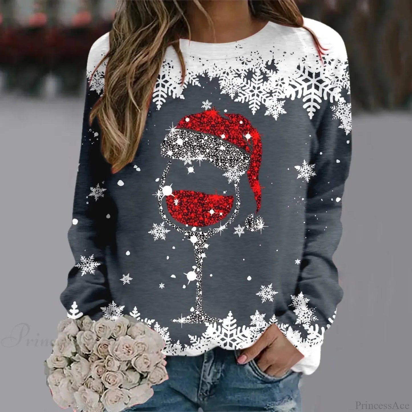 Reindeer Graphic Long Sleeve Sweatshirt New Year Christmas Sweater