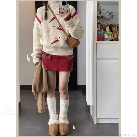 Snowman Turtleneck Sweet Preppy Style Loose Knit Christmas Sweater
