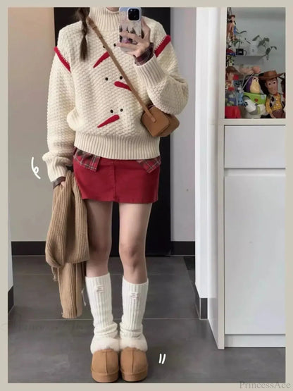 Snowman Turtleneck Sweet Preppy Style Loose Knit Christmas Sweater