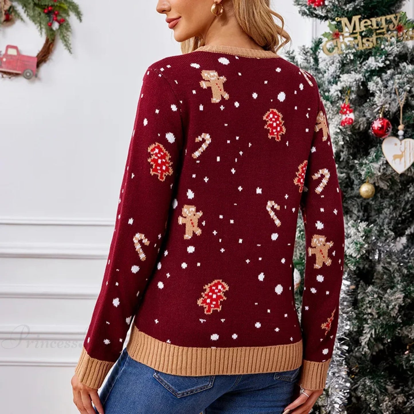 Sweet Gingerbread Man Pattern Loose Fitting Christmas Sweater