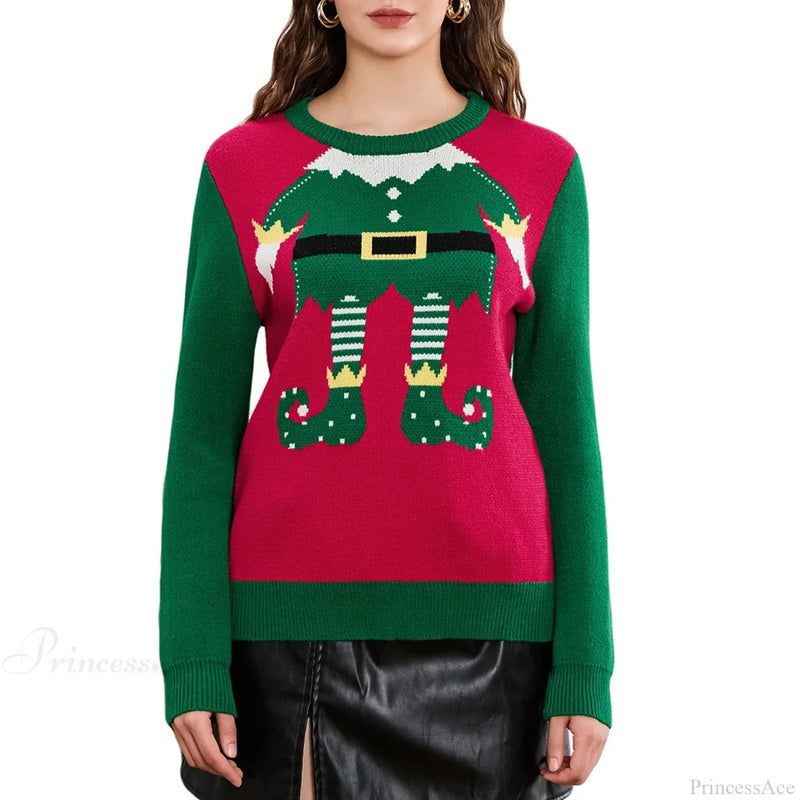 Elf Legs Print Crew Neck Warm Fall Winter Christmas Sweater
