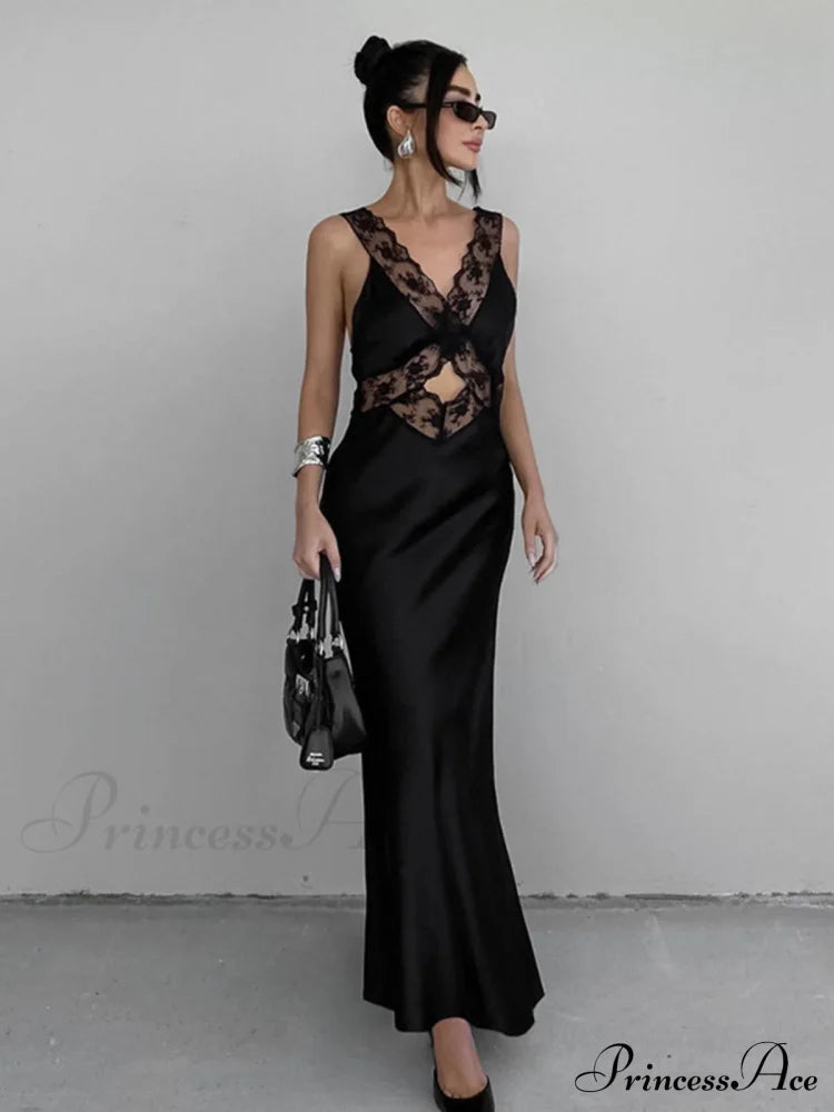 Cutout Lace Trim Stain Long Dress