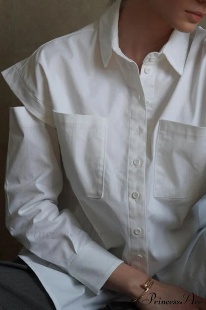Cutout Long Tops Blouse White With Sleeves