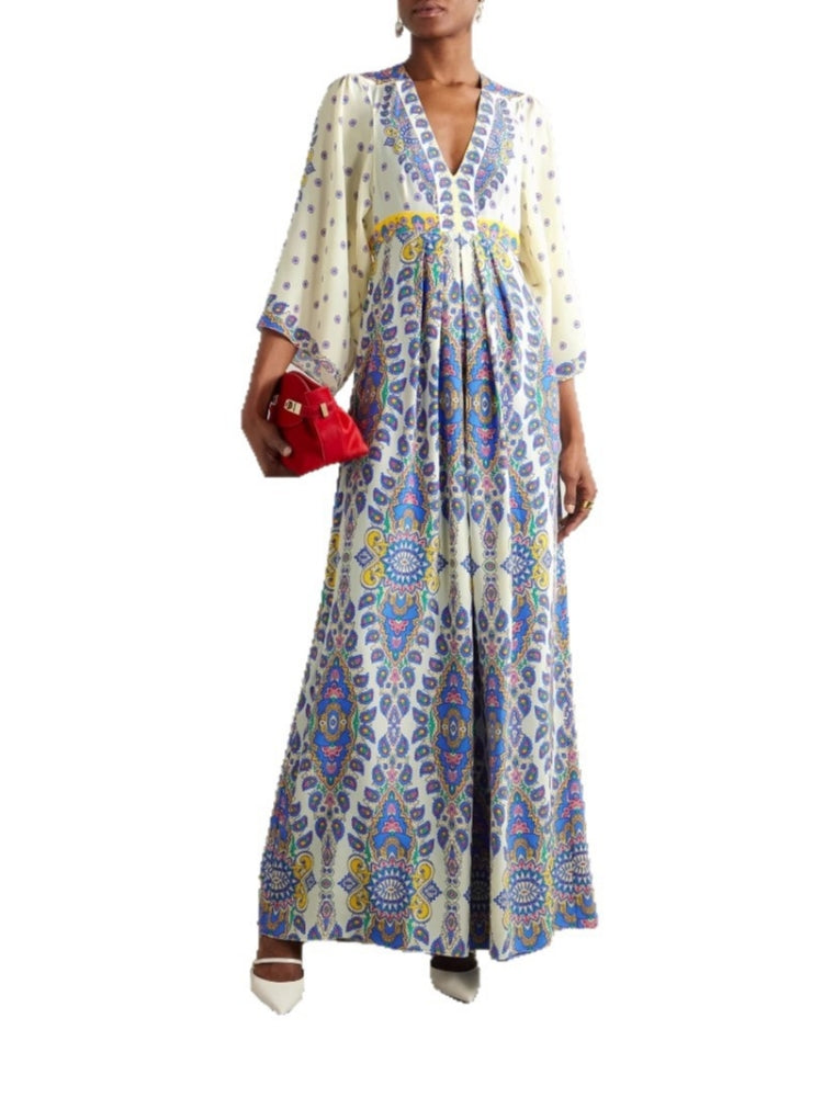 Loose Printed V-neck Maxi Dress