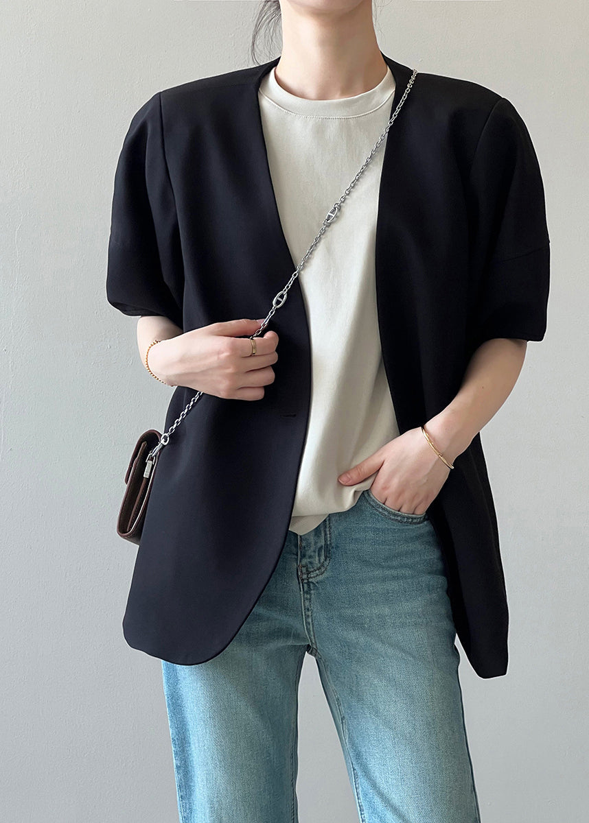 French Apricot V Neck Puff Sleeve Button Coat Qc006