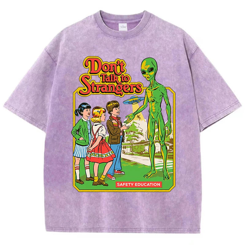 Cartoon Alien Classic Communication Print T-shirt Breathable Cotton Short Sleeve Washed Worn Out Female T Shirts