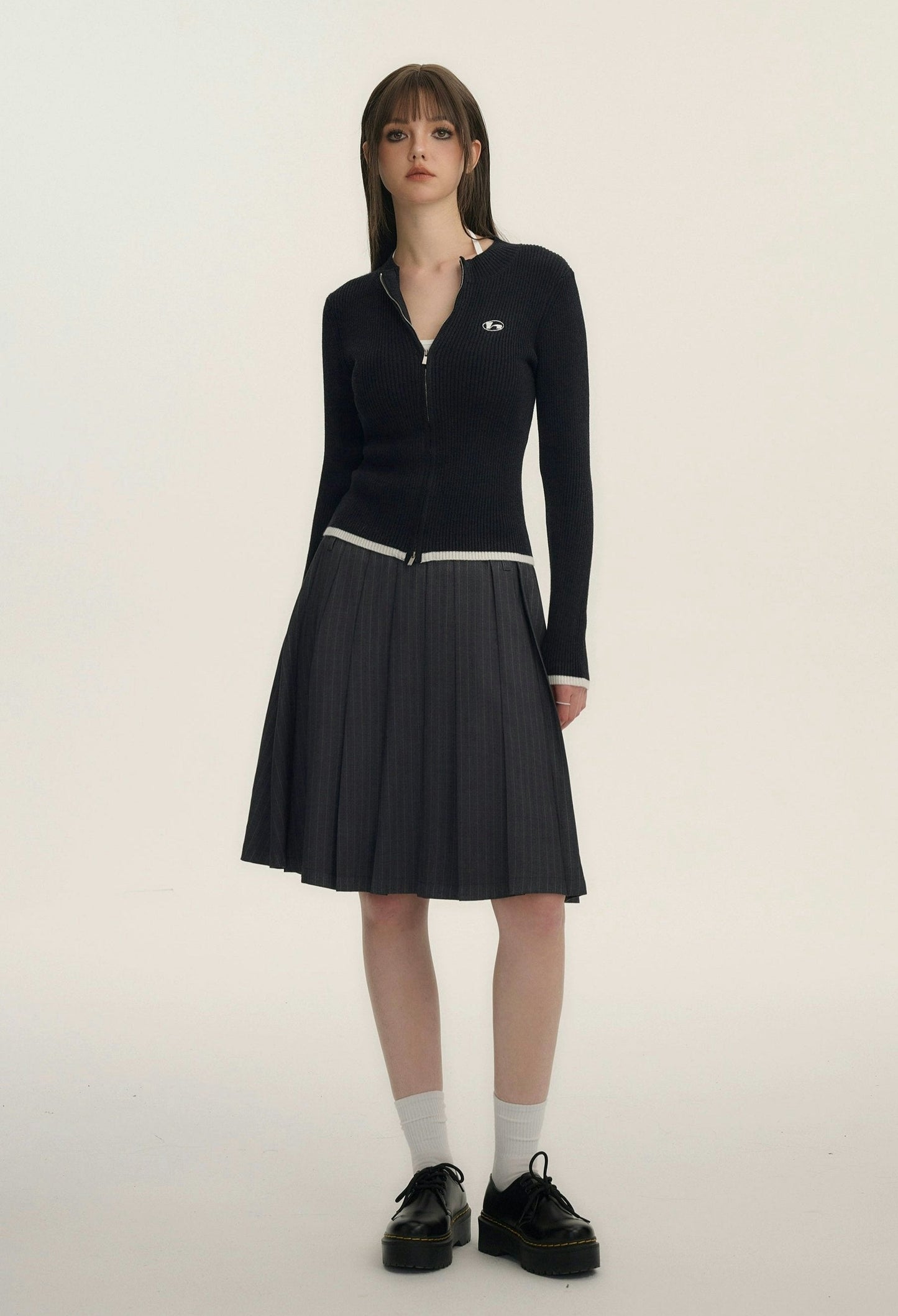 Grey Pinstripe Pleated Skirt