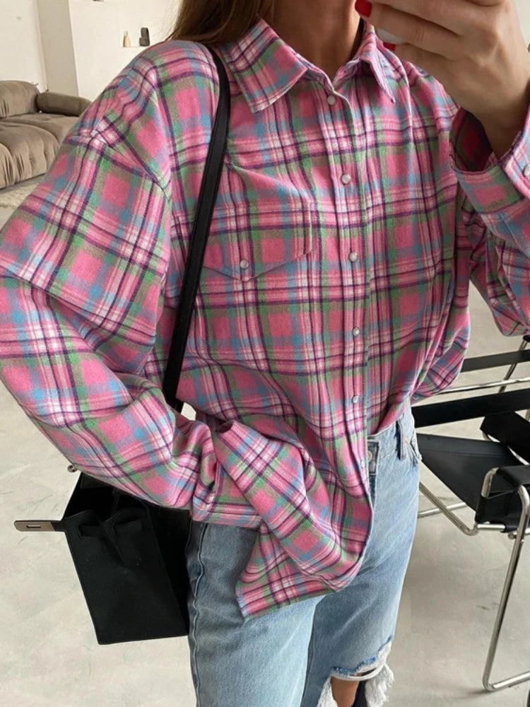Plaid Blouse Pink Retro Loose Long Sleeve Tops Autumn Trun Down Cotton Shirts Autumn