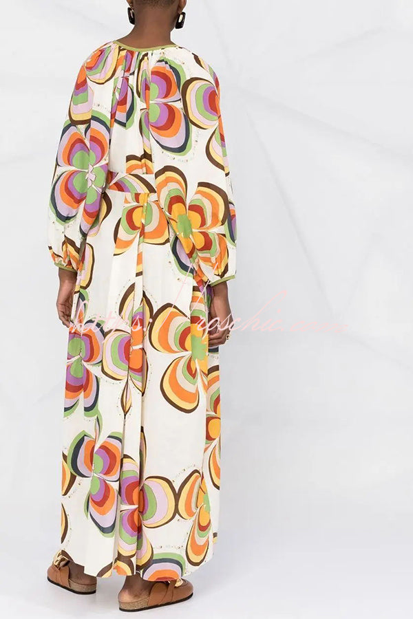 Boat Days Unique Print Balloon Sleeve Pocketed Loose Robe Maxi Dress