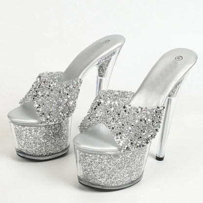 Liyke Size 34-43 20cm Shoes Platform Slippers Sequined Transparent Sandals