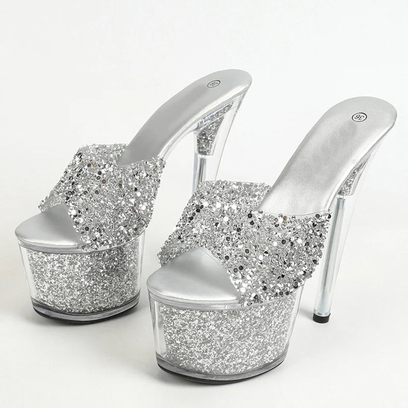 Liyke Size 34-43 20cm Shoes Platform Slippers Sequined Transparent Sandals