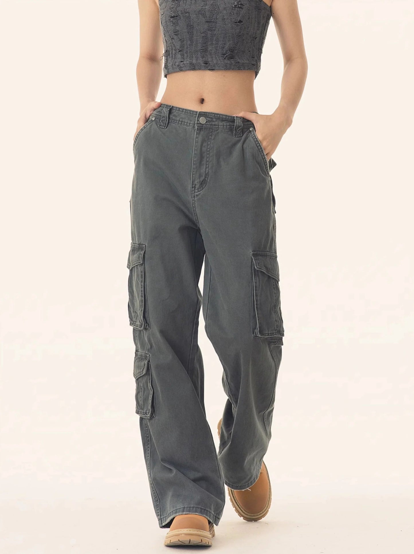 Straight Leg Cargo Pants With Multiple Side Pockets