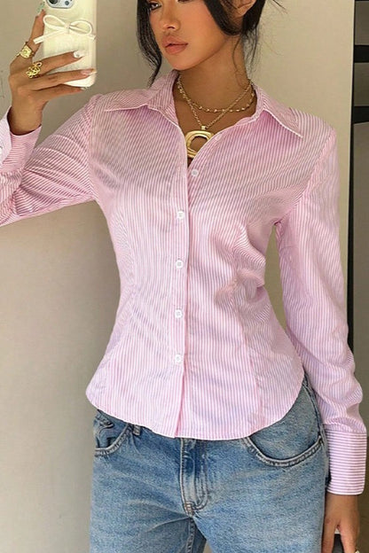 Striped Waist-tie Long-sleeve Slim Blouse