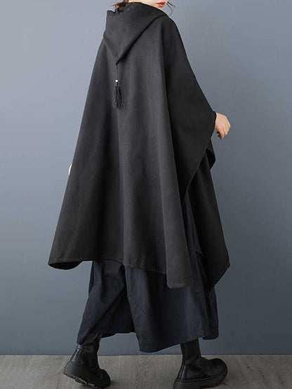 Stylish Black Hooded Drawstring Tasseled Pockets Zip-up Batwing Sleeve Trench Coat Tw007