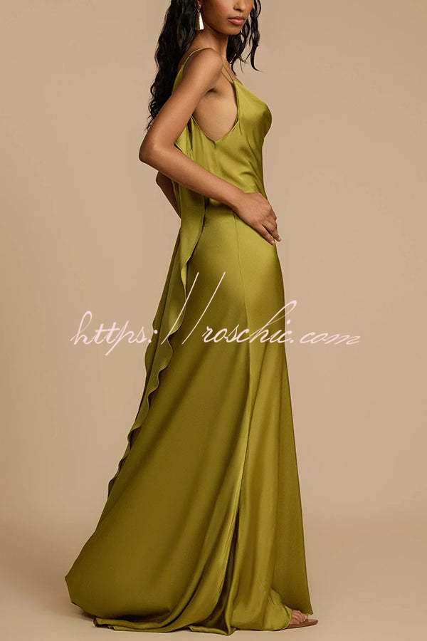 Evening Date Satin Cowl Neck Drape Ruffle Backless Bias Cut Party Maxi Dress