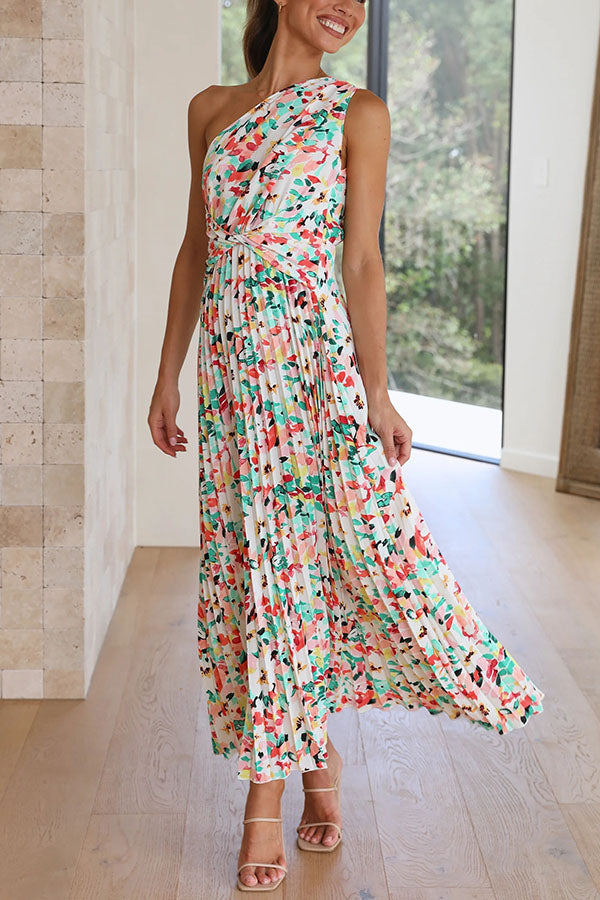 Saw an Angel One Shoulder Elastic Waist Pleated Maxi Dress