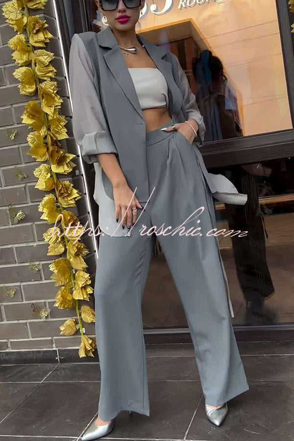 And Chiffon Patchwork Irregular Lace-up Jacket and Pocketed Straight-leg Pants Set