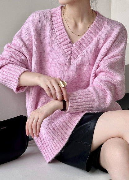 Loose Pink V Neck Hollow Out Cotton Knit Sweater Fall Af1091