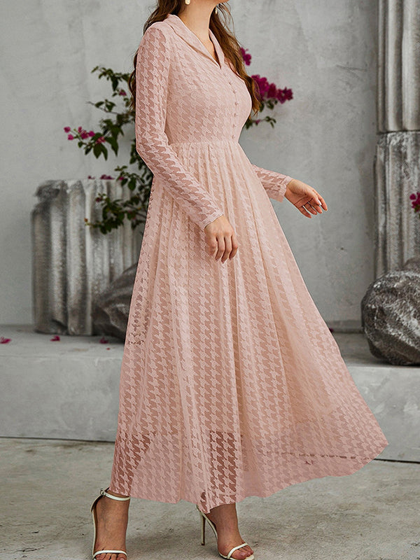 High Waisted Long Sleeves Buttoned Gauze See-through Color V-neck Maxi Dresses